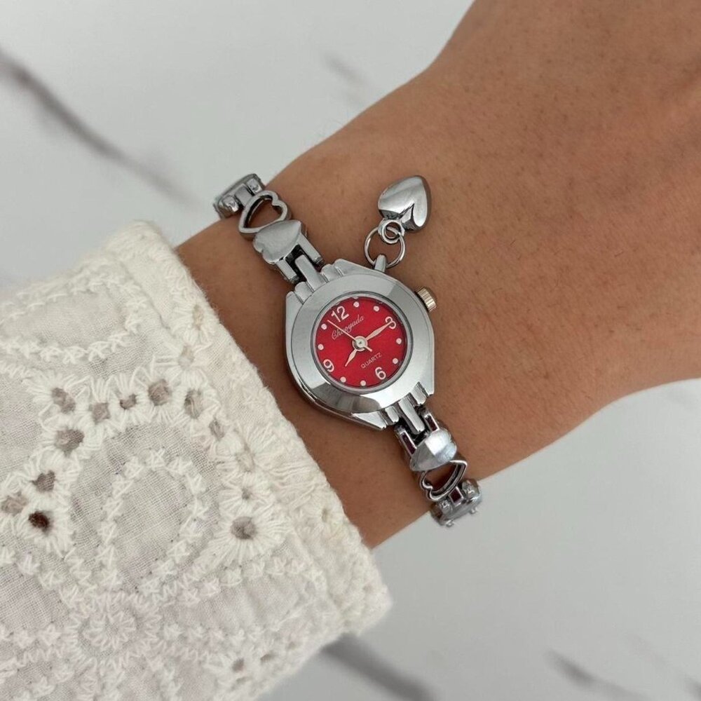 Sku:0315‎ cute silver red mini watch with heart + in a gift box Stainless steel